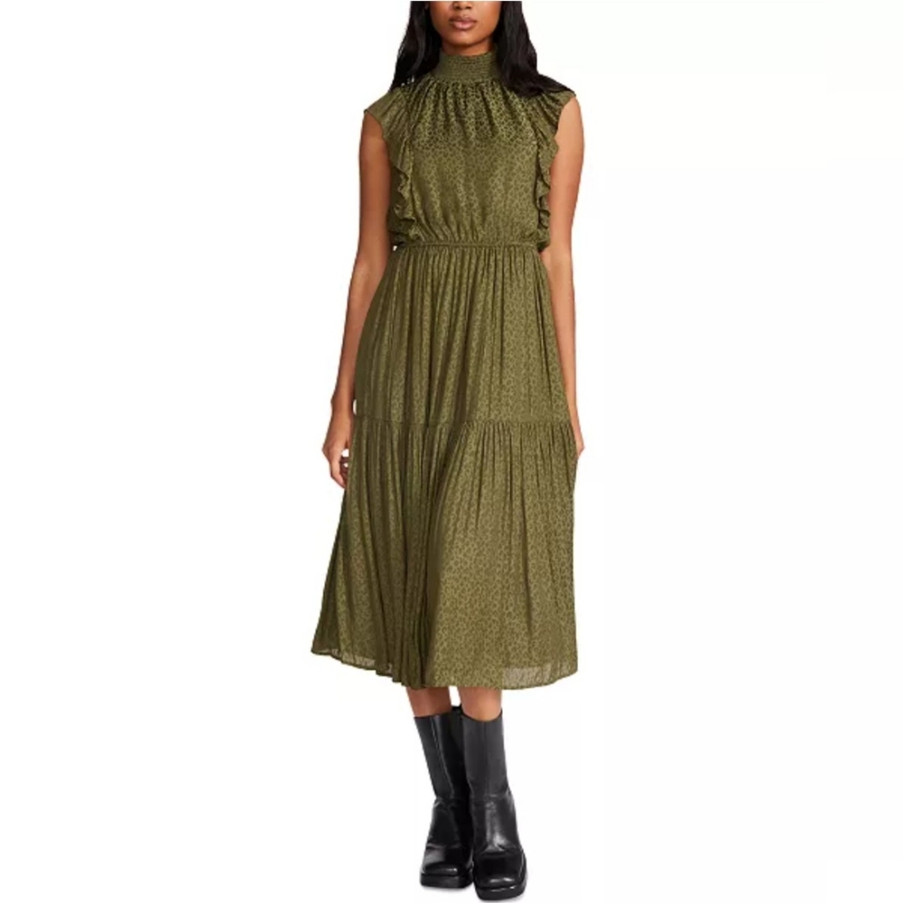 Steve Madden Green Cheetah Smocked Mock Neck Ruffle Midi Dress